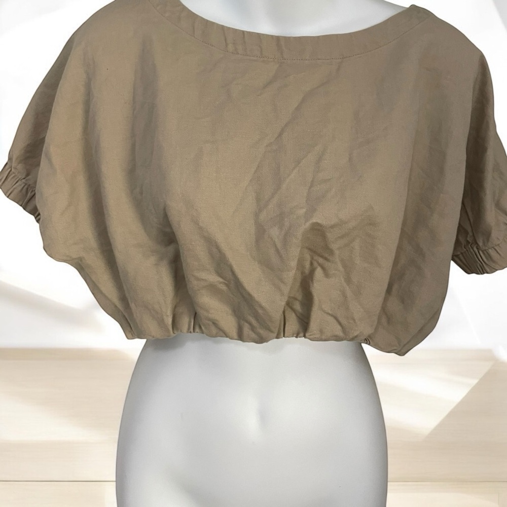 ZARA Tan Neutral Cropped Linen Blend Wood button back shirt SZ S